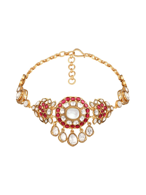Choker in gold tone brass with Mosanite Kundan Polki, Cz Diamonds, Synthetic Ruby