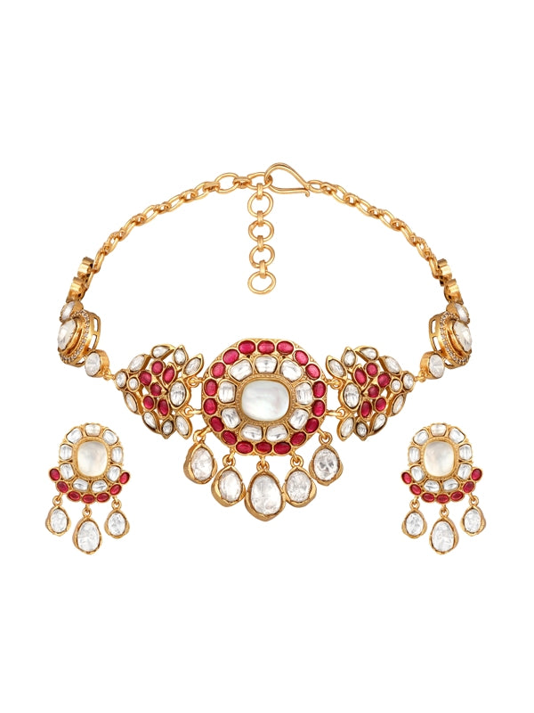 Choker in gold tone brass with Mosanite Kundan Polki, Cz Diamonds, Synthetic Ruby