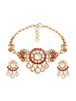 Choker in gold tone brass with Mosanite Kundan Polki, Cz Diamonds, Synthetic Ruby