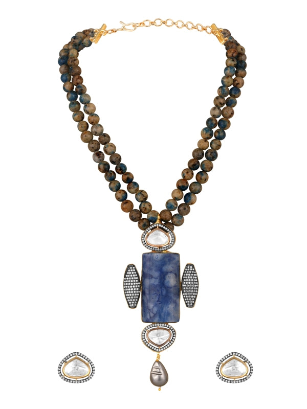 necklace in dual tone brass with kundan polki cz diamonds onyx jasper