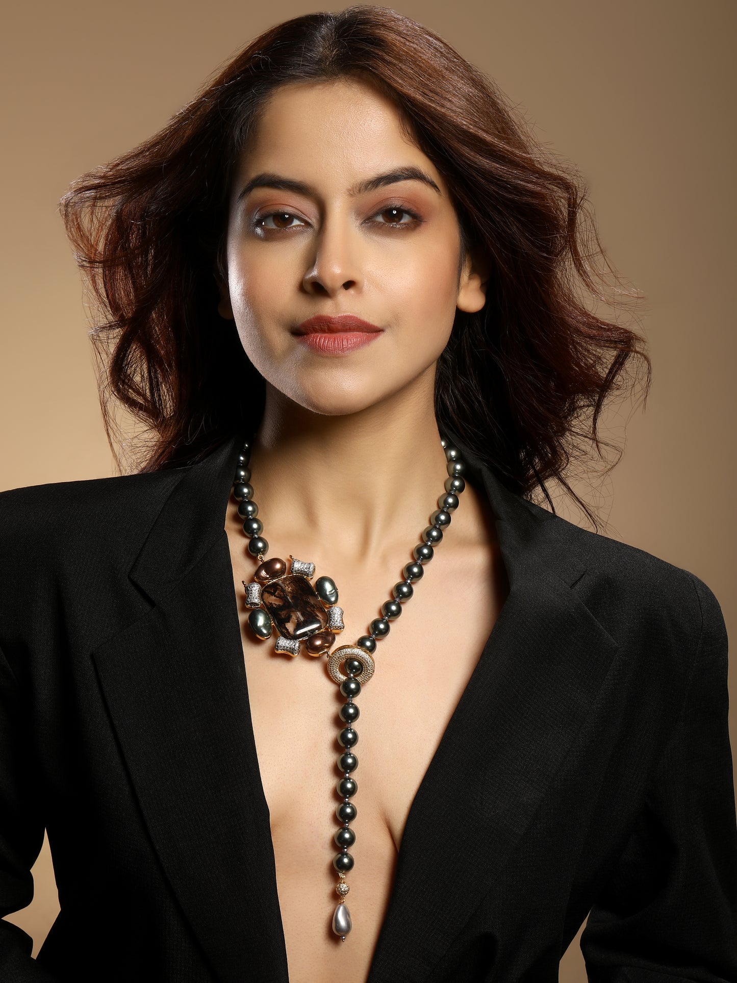 Necklace in dual tone brass with Shell Pearls, Cubic Zirconia, Onyx, Enamel Baroque, Italian Crystal