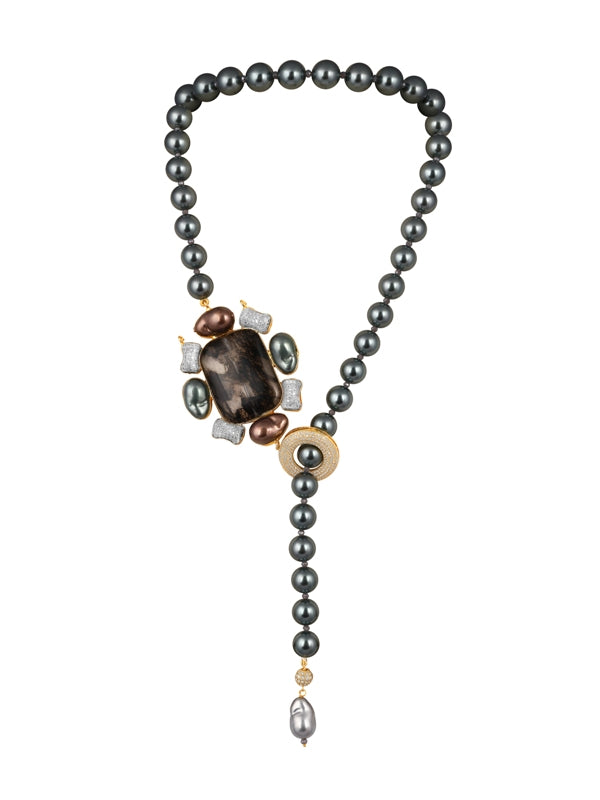 Necklace in dual tone brass with Shell Pearls, Cubic Zirconia, Onyx, Enamel Baroque, Italian Crystal