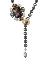 Necklace in dual tone brass with Shell Pearls, Cubic Zirconia, Onyx, Enamel Baroque, Italian Crystal