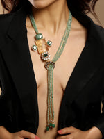 Necklace in gold tone brass with Agate, Moissanite Kundan Polki, Cubic Zirconia, Synthetic Emerald, Onyx, Tumbles, Enamel