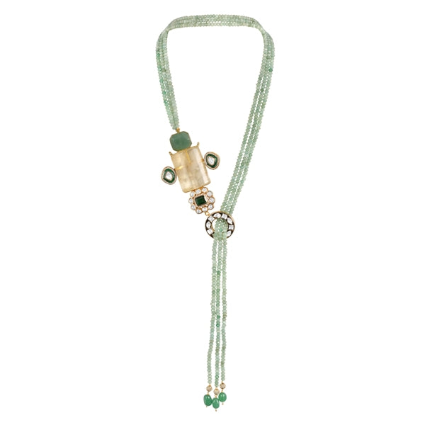Necklace in gold tone brass with Agate, Moissanite Kundan Polki, Cubic Zirconia, Synthetic Emerald, Onyx, Tumbles, Enamel