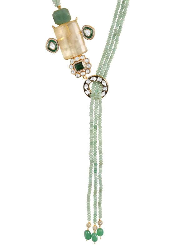 Necklace in gold tone brass with Agate, Moissanite Kundan Polki, Cubic Zirconia, Synthetic Emerald, Onyx, Tumbles, Enamel
