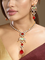 Necklace in gold tone brass with Cubic Zirconia, Moissanite Kundan Polki, Onyx, Synthetic Ruby