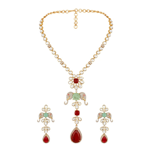 Necklace in gold tone brass with Cubic Zirconia, Moissanite Kundan Polki, Onyx, Synthetic Ruby