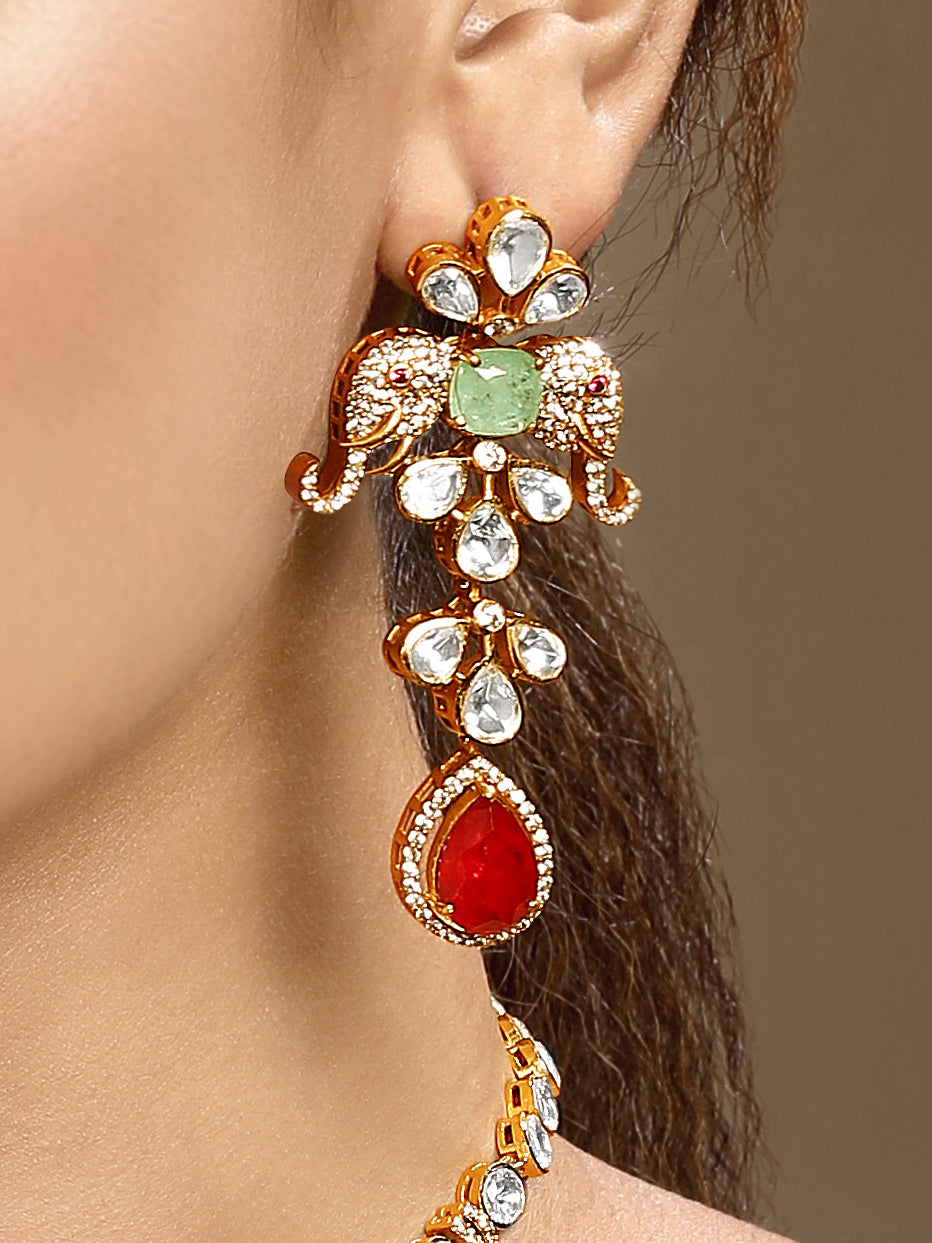 Necklace in gold tone brass with Cubic Zirconia, Moissanite Kundan Polki, Onyx, Synthetic Ruby