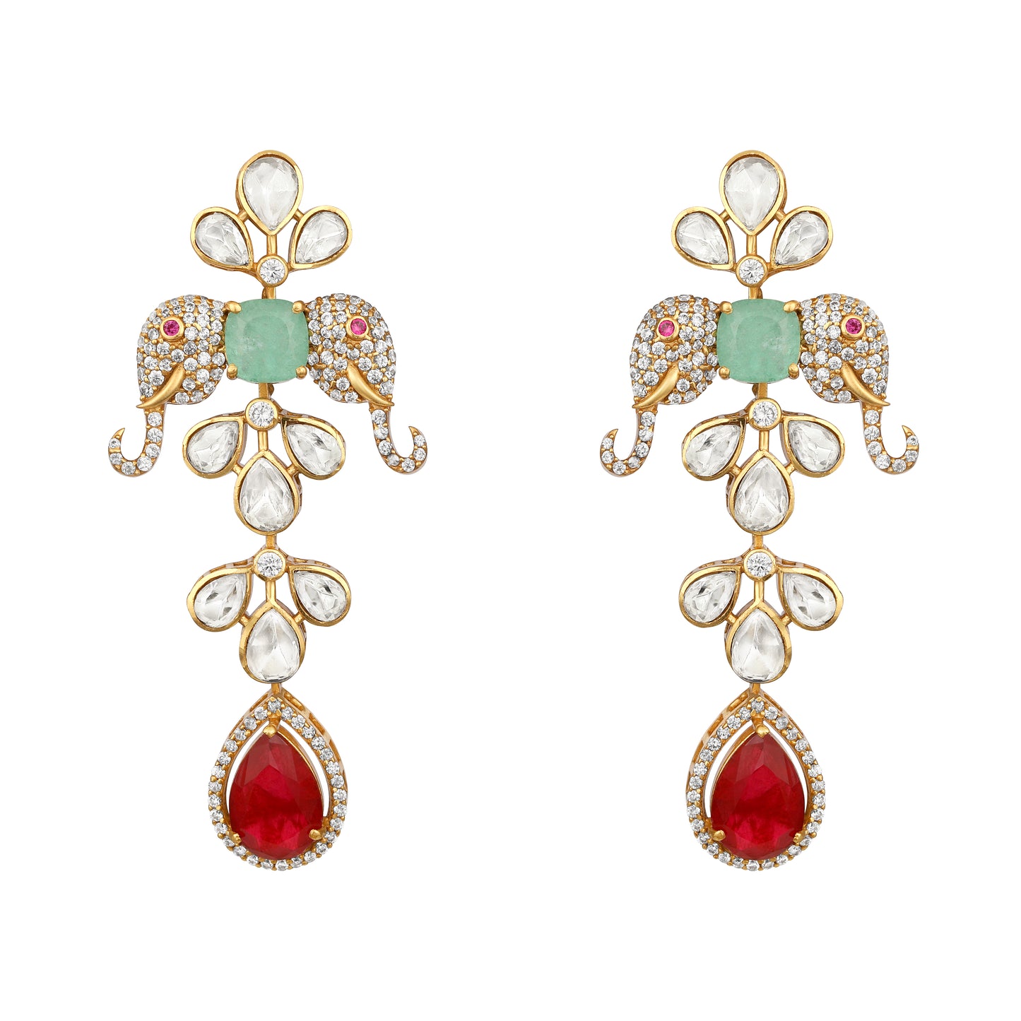 Necklace in gold tone brass with Cubic Zirconia, Moissanite Kundan Polki, Onyx, Synthetic Ruby