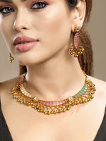 Choker in gold tone brass with Mother Of Pearl, Moissanite Kundan Polki, Rose Quartz, Onyx Green