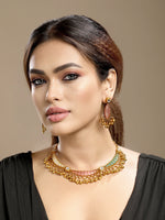 Choker in gold tone brass with Mother Of Pearl, Moissanite Kundan Polki, Rose Quartz, Onyx Green