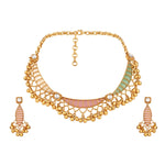 Choker in gold tone brass with Mother Of Pearl, Moissanite Kundan Polki, Rose Quartz, Onyx Green