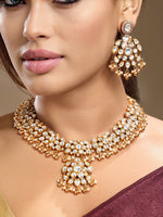 Choker in gold tone brass with Moissanite Kundan Polki, Cubic Zirconia, Pearl