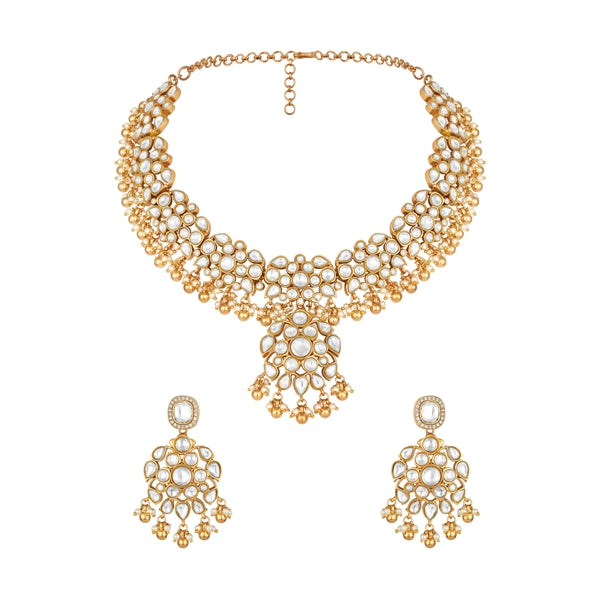 Choker in gold tone brass with Moissanite Kundan Polki, Cubic Zirconia, Pearl