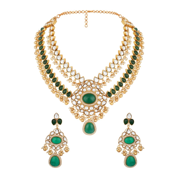Choker in gold tone brass with Moissanite Kundan Polki, Cubic Zirconia, Pearls, Synthetic Emerald