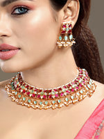 Choker in gold tone brass with Pearl, Moissanite Kundan Polki, Synthetic Ruby, Onyx