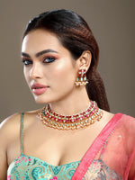 Choker in gold tone brass with Pearl, Moissanite Kundan Polki, Synthetic Ruby, Onyx