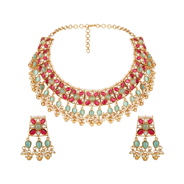 Choker in gold tone brass with Pearl, Moissanite Kundan Polki, Synthetic Ruby, Onyx