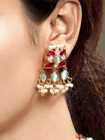 Choker in gold tone brass with Pearl, Moissanite Kundan Polki, Synthetic Ruby, Onyx