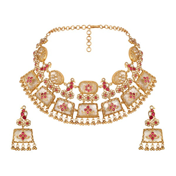 Choker in gold tone brass with Mother Of Pearl, Moissanite Kundan Polki, Synthetic Ruby