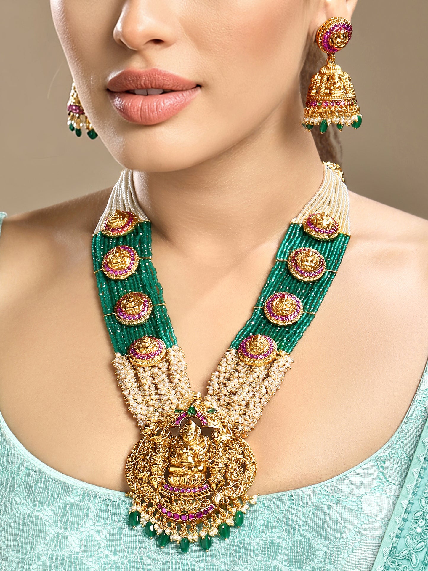 Long Necklace in gold tone brass with Onyx Tumble, Pearls, Synthetic Ruby, Synthetic Emerald, Monalisa Green