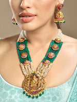 Long Necklace in gold tone brass with Onyx Tumble, Pearls, Synthetic Ruby, Synthetic Emerald, Monalisa Green