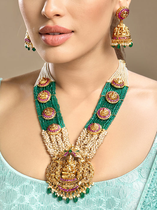 Long Necklace in gold tone brass with Onyx Tumble, Pearls, Synthetic Ruby, Synthetic Emerald, Monalisa Green