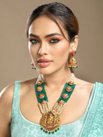 Long Necklace in gold tone brass with Onyx Tumble, Pearls, Synthetic Ruby, Synthetic Emerald, Monalisa Green