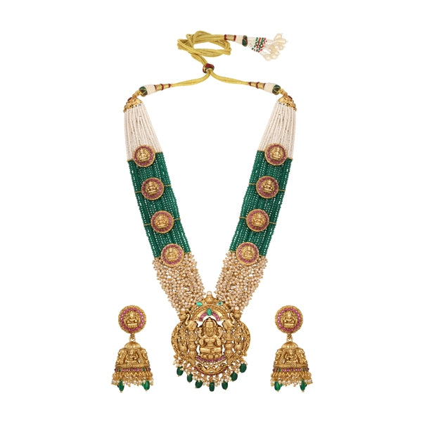 Long Necklace in gold tone brass with Onyx Tumble, Pearls, Synthetic Ruby, Synthetic Emerald, Monalisa Green