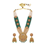Long Necklace in gold tone brass with Onyx Tumble, Pearls, Synthetic Ruby, Synthetic Emerald, Monalisa Green
