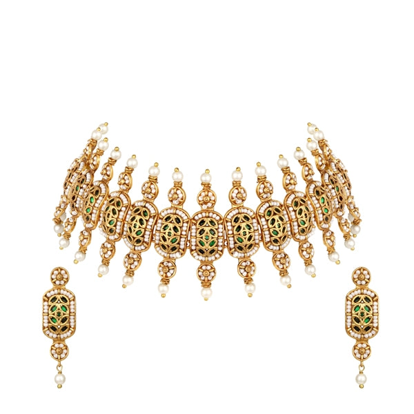 Choker in gold tone brass with Pearl, Synthetic Emerald