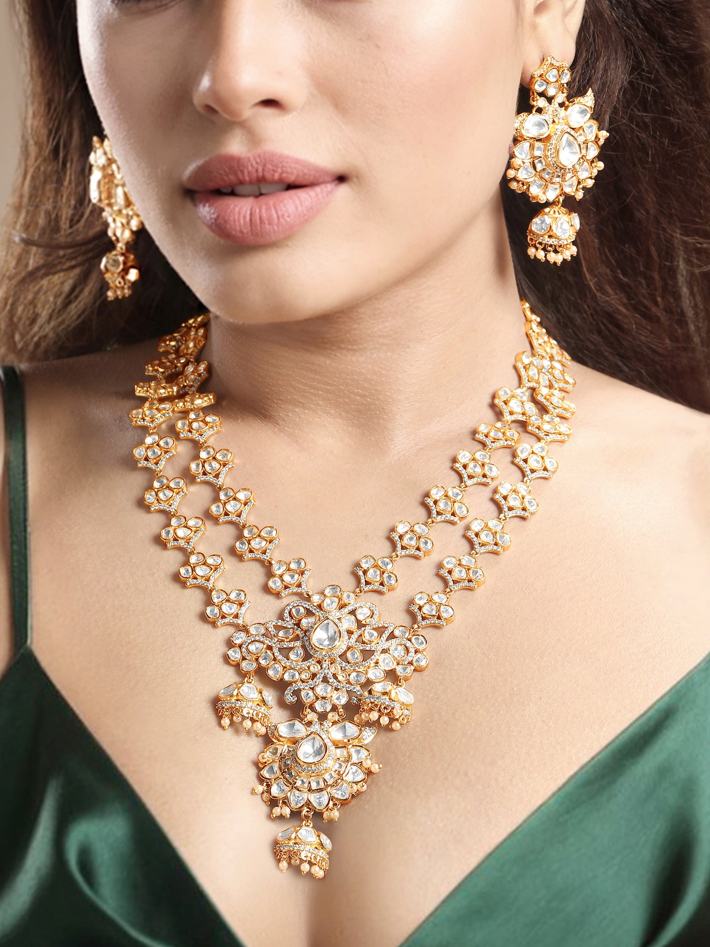 Long Necklace in gold tone brass with Pearl, Cubic Zirconia, Moissanite Kundan Polki