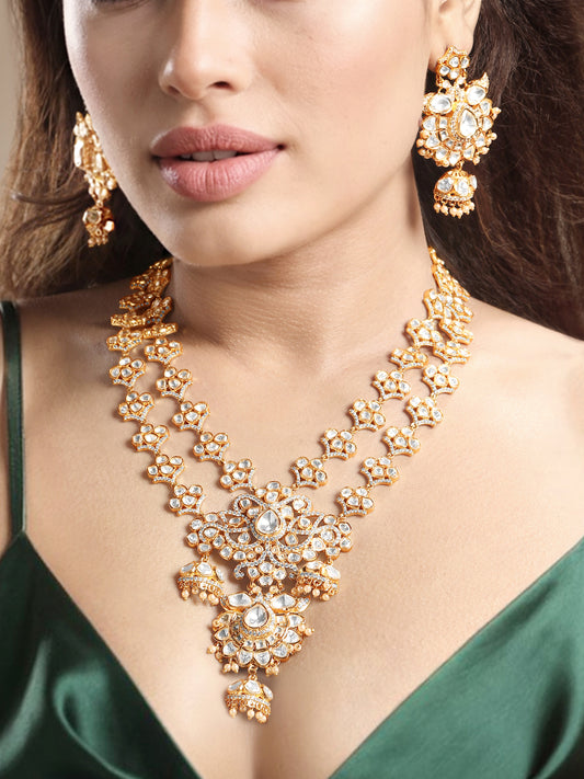 Long Necklace in gold tone brass with Pearl, Cubic Zirconia, Moissanite Kundan Polki
