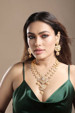 Long Necklace in gold tone brass with Pearl, Cubic Zirconia, Moissanite Kundan Polki
