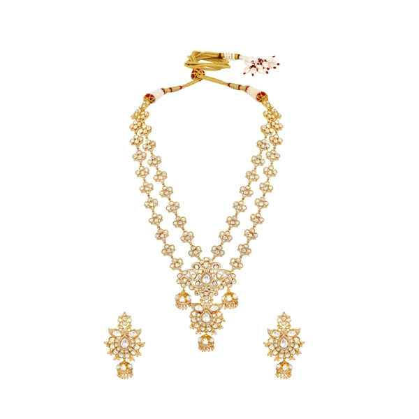Long Necklace in gold tone brass with Pearl, Cubic Zirconia, Moissanite Kundan Polki
