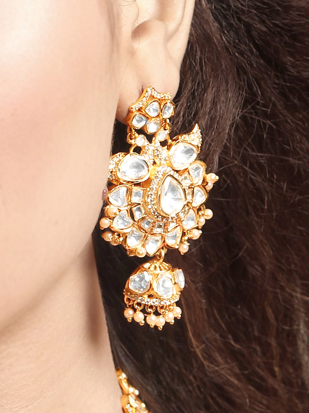 Long Necklace in gold tone brass with Pearl, Cubic Zirconia, Moissanite Kundan Polki