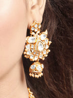 Long Necklace in gold tone brass with Pearl, Cubic Zirconia, Moissanite Kundan Polki