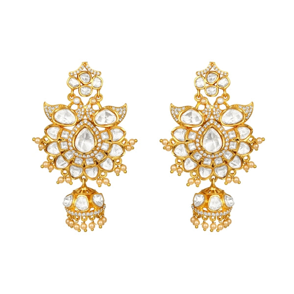 Long Necklace in gold tone brass with Pearl, Cubic Zirconia, Moissanite Kundan Polki