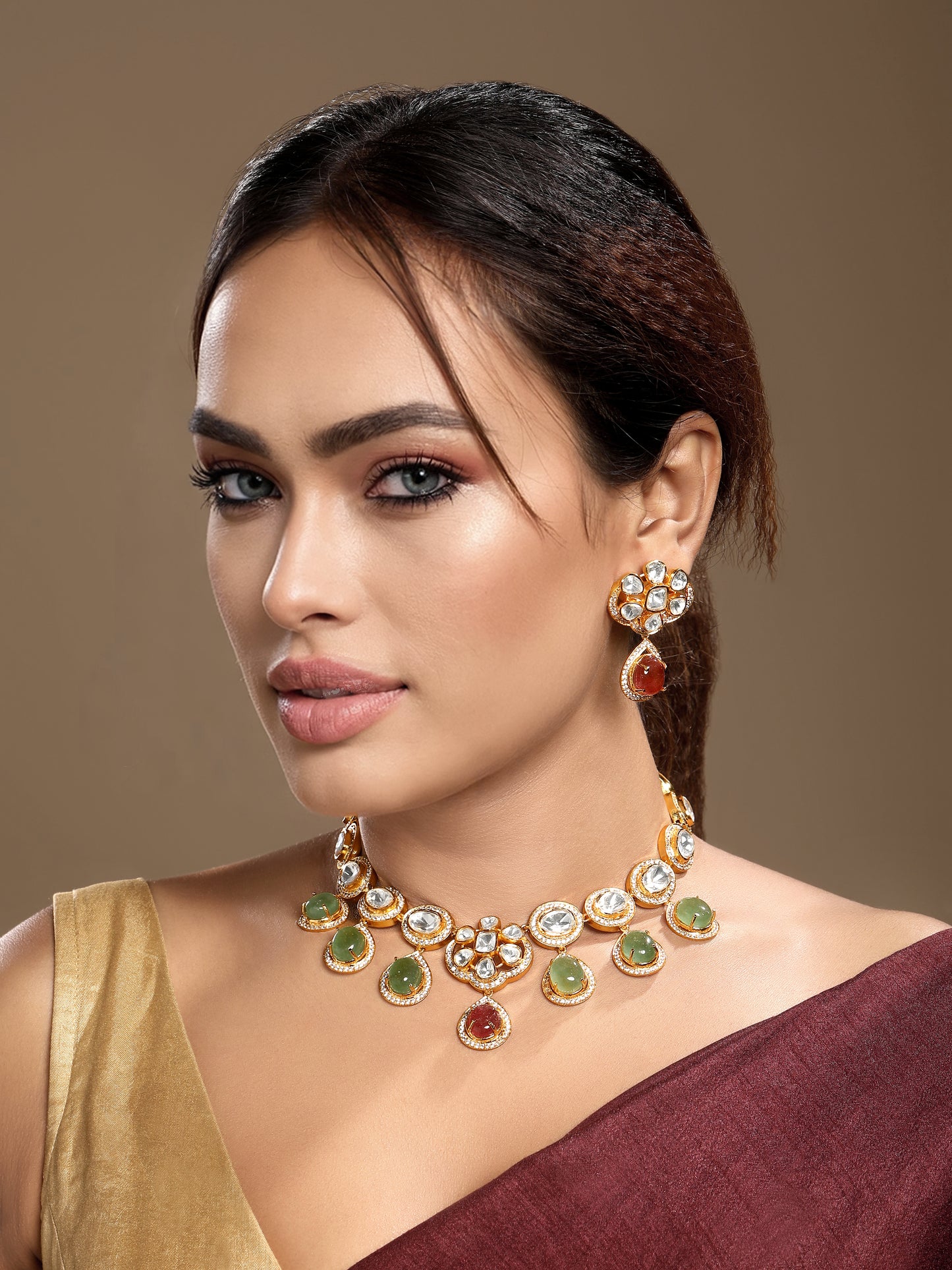 Necklace in gold tone brass with Moissanite Kundan Polki, Cubic Zirconia, Synthetic Ruby, Onyx