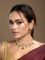 Necklace in gold tone brass with Moissanite Kundan Polki, Cubic Zirconia, Synthetic Ruby, Onyx