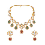 Necklace in gold tone brass with Moissanite Kundan Polki, Cubic Zirconia, Synthetic Ruby, Onyx