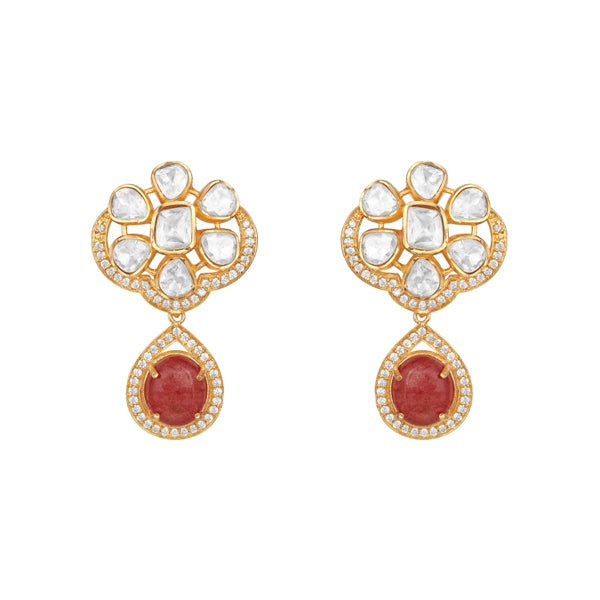 Necklace in gold tone brass with Moissanite Kundan Polki, Cubic Zirconia, Synthetic Ruby, Onyx