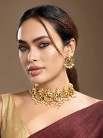 Necklace in gold tone brass with Shell Pearl, Moissanite Kundan Polki, Cubic Zirconia