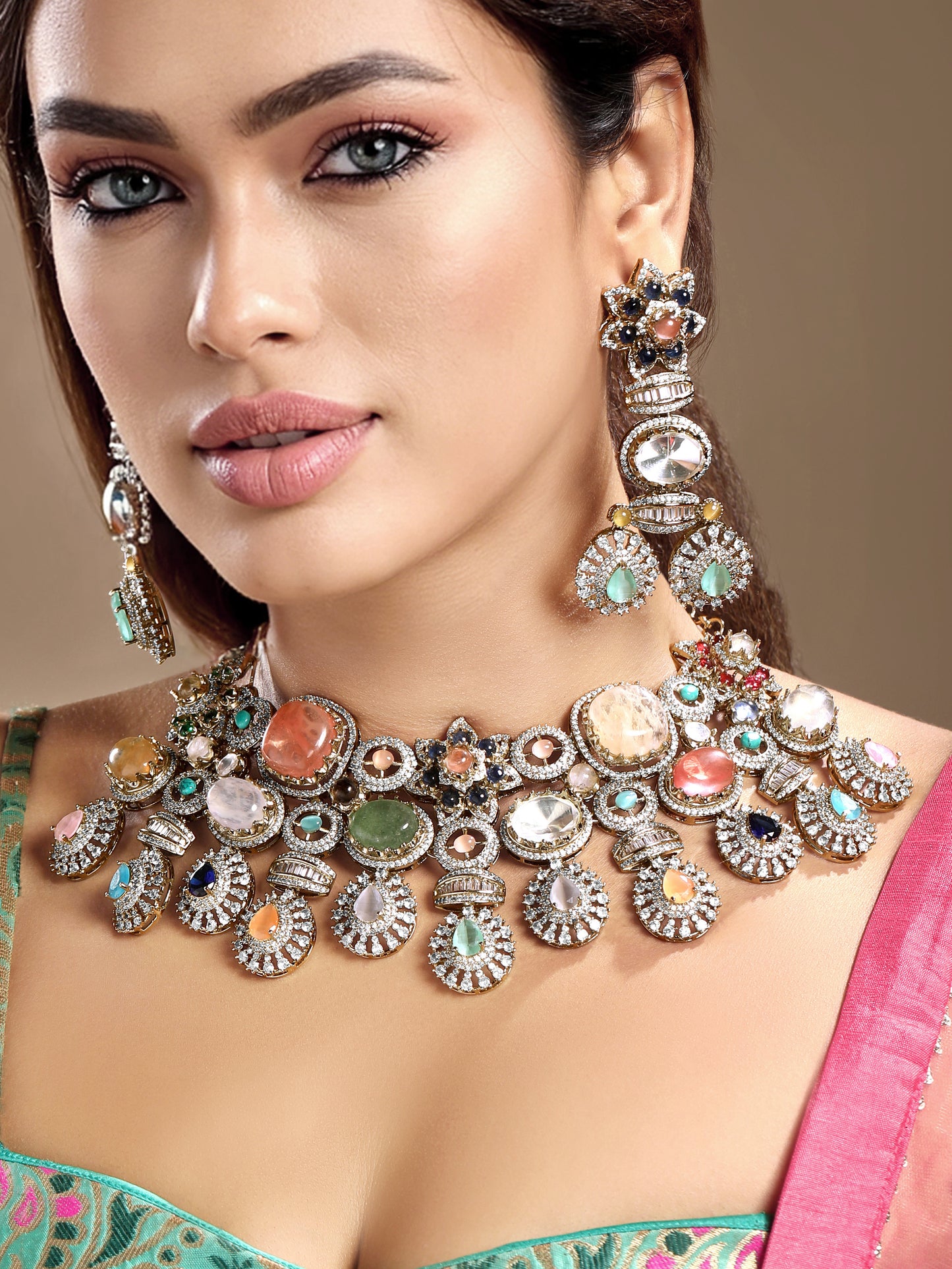 Choker in dual tone brass with Cubic Zirconia, Moissanite Kundan Polki, Onyx, Synthetic Stones