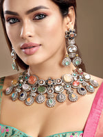 Choker in dual tone brass with Cubic Zirconia, Moissanite Kundan Polki, Onyx, Synthetic Stones