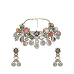 Choker in dual tone brass with Cubic Zirconia, Moissanite Kundan Polki, Onyx, Synthetic Stones