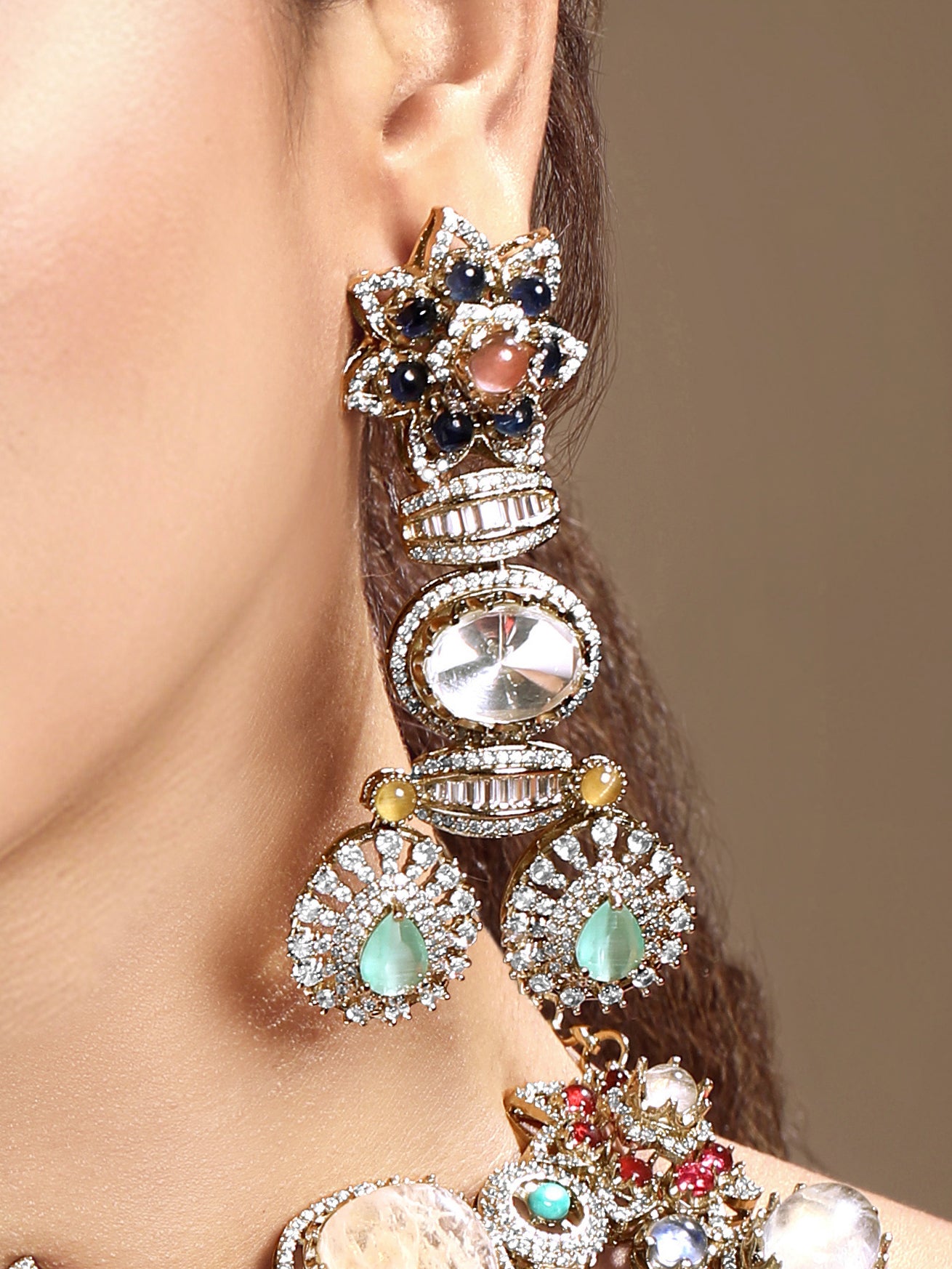 Choker in dual tone brass with Cubic Zirconia, Moissanite Kundan Polki, Onyx, Synthetic Stones
