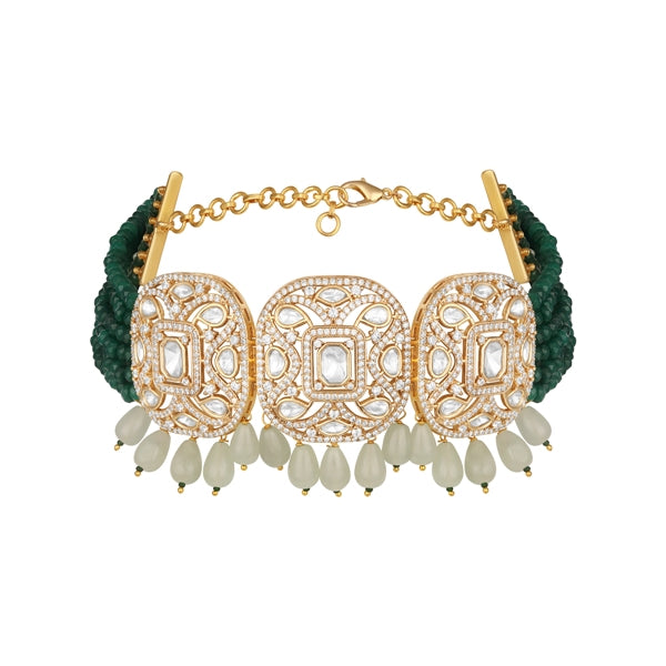 Choker in gold tone brass with Agate, Moissanite Kundan Polki, Cubic Zirconia, Onyx Tumbles