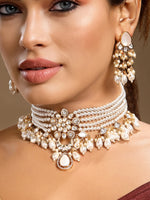 Choker in gold tone brass with Shell Pearl, Mother Of Pearl, Moissanite Kundan Polki, Cubic Zirconia